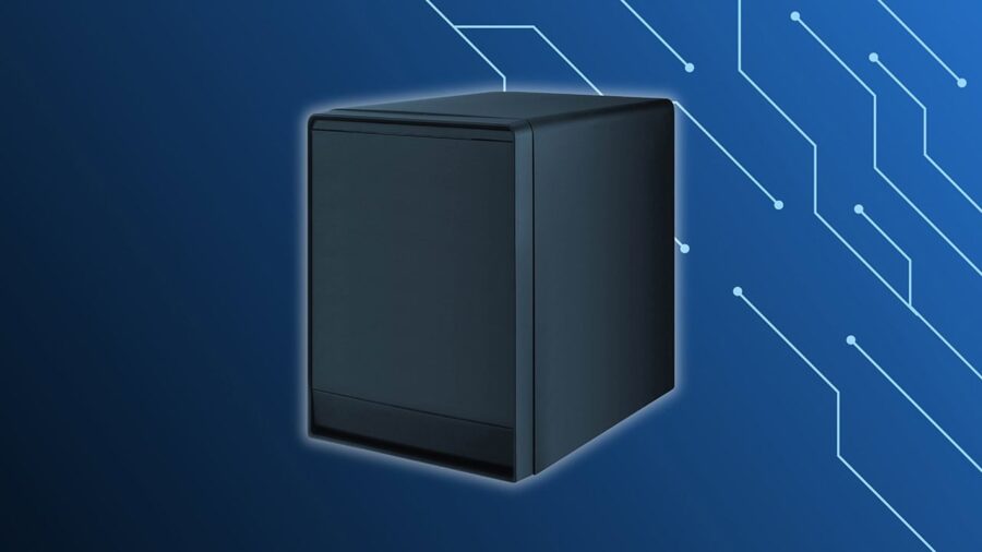 A small form factor computer case is overlayed upon a blue abstract technology background.